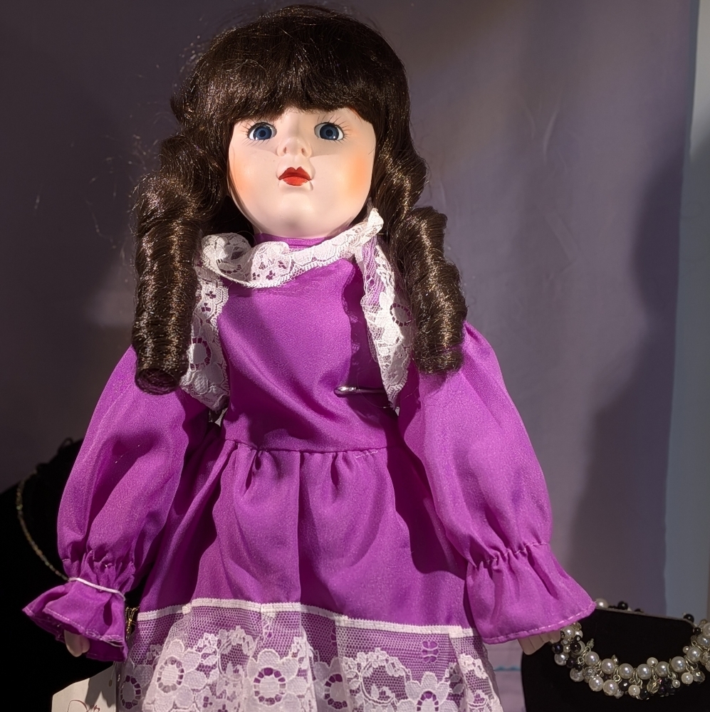 American Heritage Collector's Music Box Doll. 18" Stand